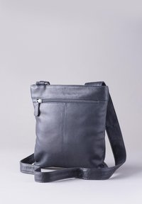 Leather crossbody bag in dark gray. Features a zippered front pocket, a smooth texture, and a flat shape with an adjustable strap.