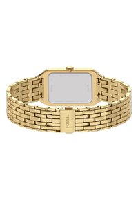 Montre en acier inoxydable doré avec un boîtier octogonal et un bracelet en maille. Dotée d'un bandeau texturé et d'un fermoir poli avec un gravage "FOSSIL".