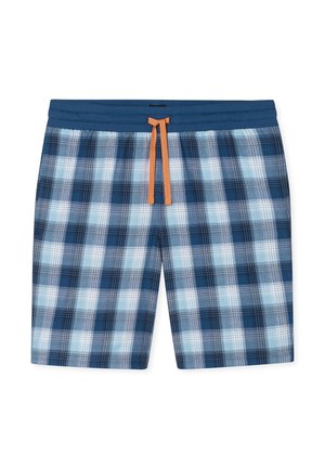 Blau-weiß kariert Shorts mit einem dunklen blauen elastischen Taillenbund und einem orangefarbenen Kordelzug.