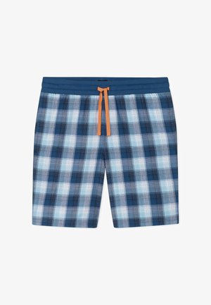 Blau-weiß kariert Shorts mit einem dunklen blauen elastischen Taillenbund und einem orangefarbenen Kordelzug.