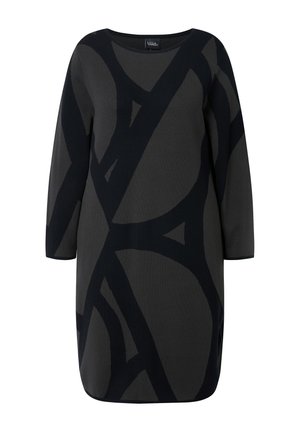 Abito in maglia grigio scuro con un audace motivo astratto nero, scollatura rotonda, maniche a tre quarti e vestibilità comoda.