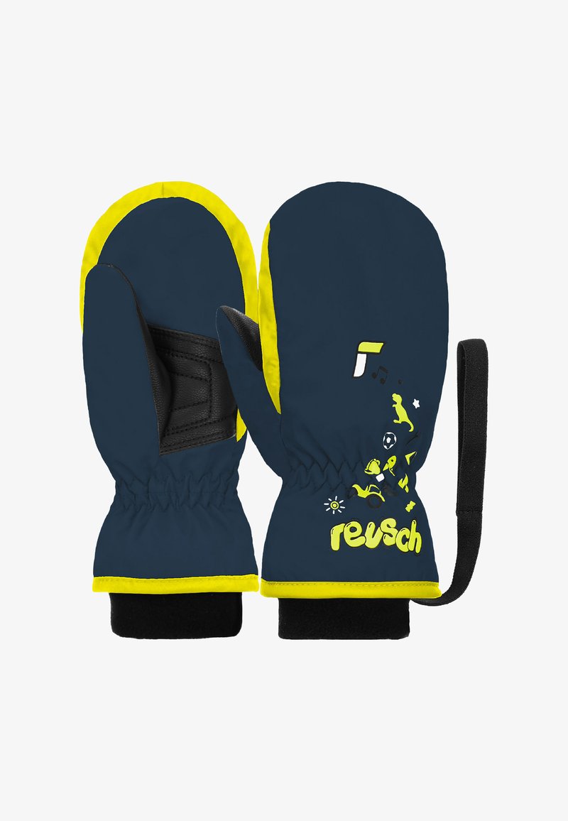 Guanti in blu navy con accenti gialli luminosi, dotati di palmo nero e polsini elastici. Le grafiche includono icone sportive e il logo "reusch".