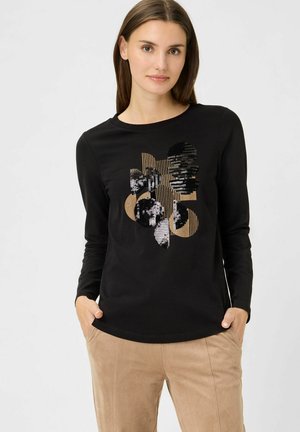 T-shirt à manches longues noir avec un design graphique orné de sequins dans des tons d'or, de noir et de gris ; fabriqué dans un matériau doux avec un col rond.