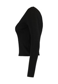 Schwarzes, geripptes Langarmtop mit taillierter Passform und rundem Ausschnitt. Weicher Stoff, cropped Länge und minimale Nähte.
