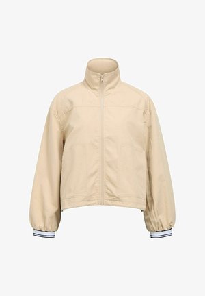 Kratka bežna jakna s uspravnim ovratnikom, prednjim zatvaračem, dva bočna džepa i elastičnim manžetama s mornarsko plavim i bijelim prugama.