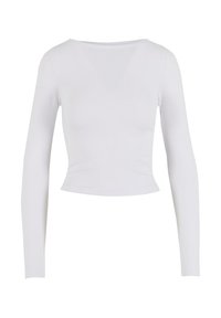 Langermet hvit tettsittende topp med rund hals, og en avkortet hem, laget av et glatt, elastisk materiale.