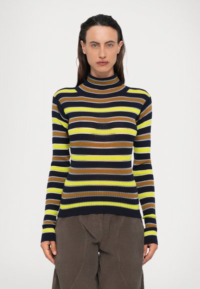 Kvinde iført en ribbet, langærmet turtleneck sweater med vandrette sorte, brune, gule og grå striber, kombineret med brune bukser.