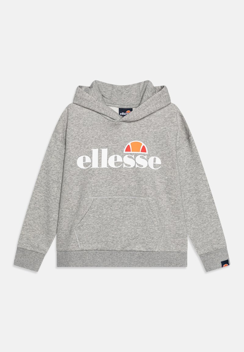 Szara bluza z kapturem z przednią kieszenią w kształcie kangurzej kieszeni, ściągaczami na rękawach oraz dużym logo "ellesse" z kolorowym półokrągłym wzorem.