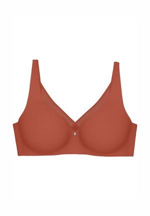 Bovenstuk in een warme terracotta kleur, met gladde cups, brede banden, een V-halsontwerp en een transparante netaccent bij de halslijn.