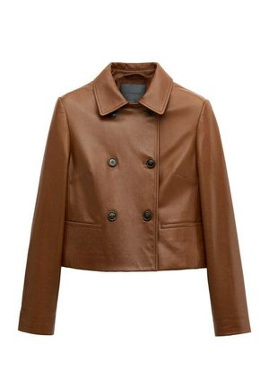 Brown cropped leather jacket with double-breasted black buttons, classic collar, long sleeves, and front slit pockets.