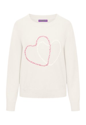 Witte longsleeve trui met twee overlappende gestikte hartcontouren in roze en wit aan de voorkant, geribde manchetten en zoom.