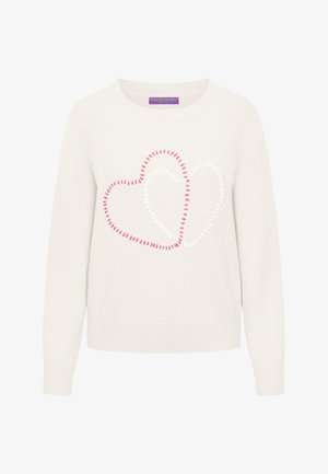 Witte longsleeve trui met twee overlappende gestikte hartcontouren in roze en wit aan de voorkant, geribde manchetten en zoom.