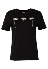 Camiseta de algodón negra con tres diseños de flores margaritas blancas con centros amarillos, cuello redondo y mangas cortas.
