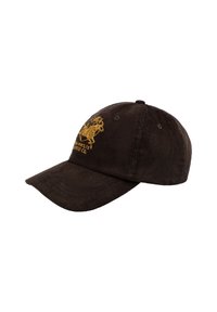 Gorra de béisbol de corduroy marrón con visera curva y gráficos dorados bordados que presentan un caballo. Seis ojales de ventilación en la corona.