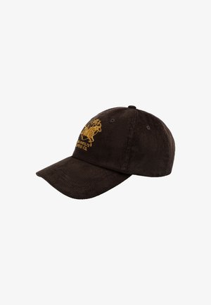 Gorra de béisbol de corduroy marrón con visera curva y gráficos dorados bordados que presentan un caballo. Seis ojales de ventilación en la corona.