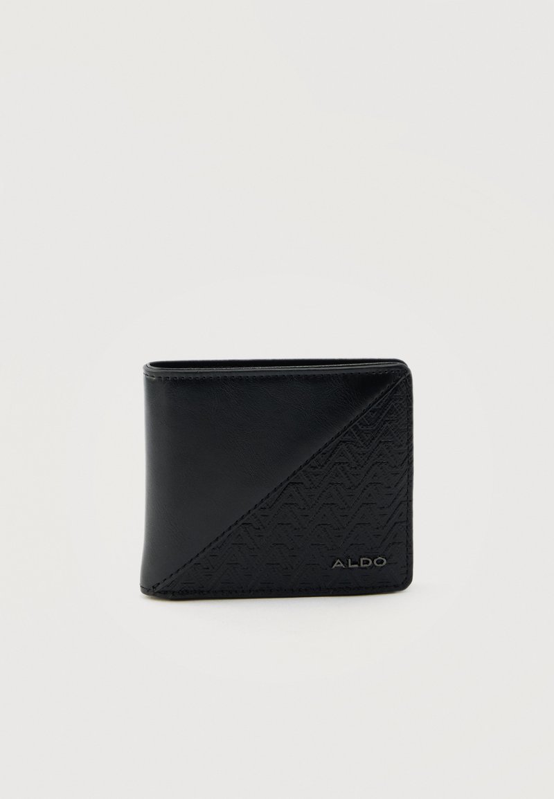 Portefeuille noir pliant avec motif diagonal texturé et logo "ALDO" argenté dans le coin inférieur droit.