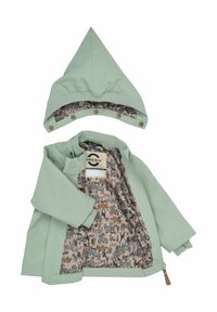 Veste imperméable vert menthe avec capuche, doublure à motif animalier et boutons-pression. Matière extérieure lisse, poignets côtelés.