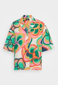 Korte ermers skjorte i lett stoff med et flerfarget blomster mønster med grønne, rosa, oransje og marineblå detaljer.
