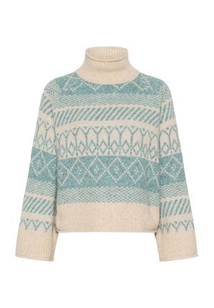 Light cream turtleneck sweater with turquoise geometric pattern. Features a relaxed fit, ribbed cuffs, and a soft texture.