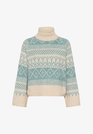 Light cream turtleneck sweater with turquoise geometric pattern. Features a relaxed fit, ribbed cuffs, and a soft texture.