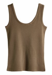 Ribaga tank top vaigist tumedast pruunis värvitoonis, millel on lai ümmargune kaelus ja ilma varrukateta, mõeldud igapäevaseks kandmiseks.