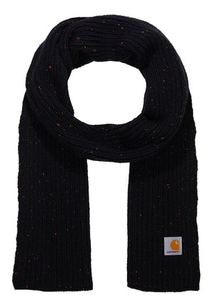 Czarny prążkowany szalik dziany z wielobarwnymi plamkami i małą naszywką z logo Carhartt na jednym końcu.