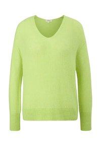 Pull tricoté vert clair à manches longues, avec poignets et ourlet côtelés, et col en V, présenté sur un fond blanc.