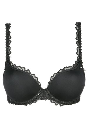 Black bra featuring lace trim along the edges and straps, smooth cups, and small decorative accents at the center and seams.