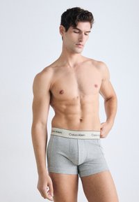 Borstige man met kort krullend haar die naar beneden kijkt, gekleed in aansluitende lichtgrijze Calvin Klein boxershorts, staande tegen een effen lichte achtergrond.
