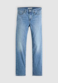 Hellblaue Denim-Jeans mit geradem Bein, ausgestattet mit Reißverschluss, Fünf-Taschen-Design und dezentem Verblassen an den Oberschenkeln.