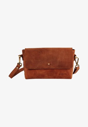 Brown leather crossbody bag with flap closure, adjustable strap, and gold-tone hardware. Includes subtle branding on the front.