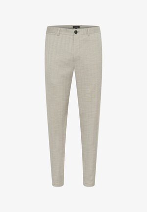 Gai bežīgas bikses, kas izgatavotas no strukturētas auduma, ar pogu aizdari un sašaurinātiem svārkiem, lai nodrošinātu elegantu piegulšanu.