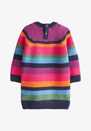 Robe-pull tricotée pour enfant à rayures horizontales en violet, marine, orange, rose, vert et bleu, avec un col à boutons.