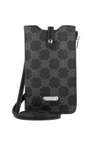 Black crossbody bag with a textured finish, featuring a geometric pattern, a zip closure, and a branded silver plate. Adjustable strap included.