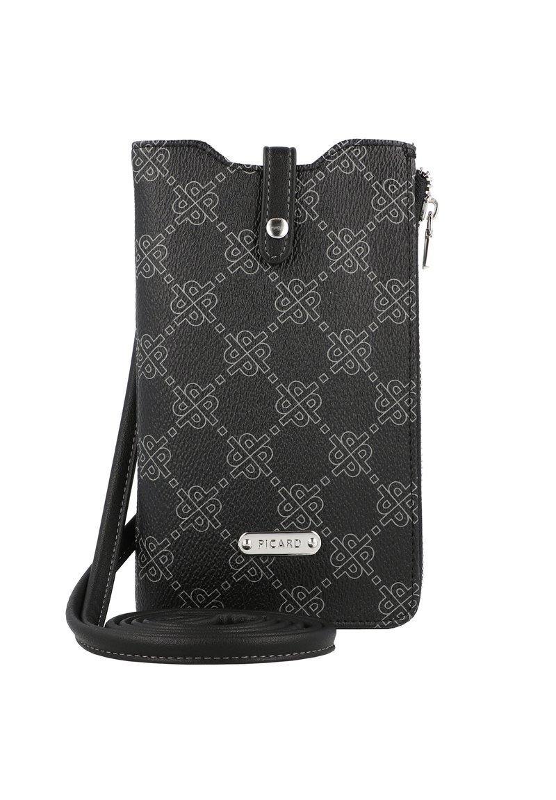 Black crossbody bag with a textured finish, featuring a geometric pattern, a zip closure, and a branded silver plate. Adjustable strap included.