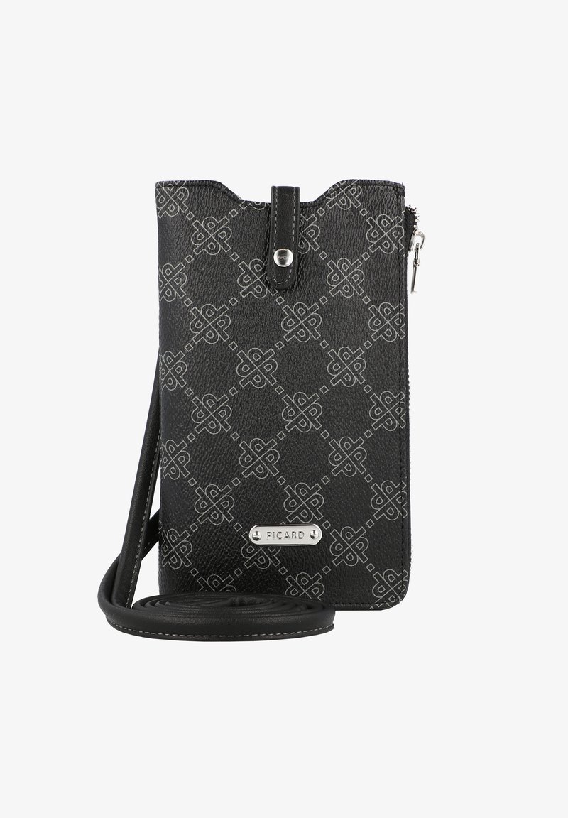 Black crossbody bag with a textured finish, featuring a geometric pattern, a zip closure, and a branded silver plate. Adjustable strap included.