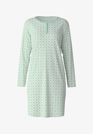 Langärmliges Nachthemd aus hellmintgrünem Stoff, mit floralen Mustern in Weiß und Lavendel, rundem Halsausschnitt und Knopfleiste.