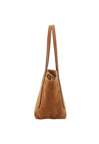 Brown suede tote bag with a triangular shape, featuring two long handles and contrasting dark stitching along the edges.