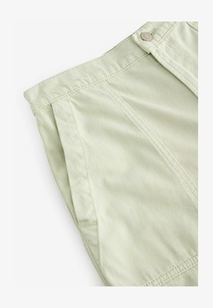 Un pantalon vert clair en tissu côtelé avec une fermeture à bouton et des détails cousus. Le design comprend des plis latéraux pour plus de texture.