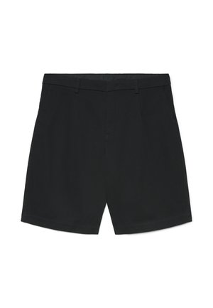 Schwarze, maßgeschneiderte Shorts mit Gürtelschlaufen, Frontverschluss und flachem Bund, flach auf weißem Hintergrund dargestellt.