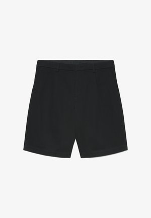 Shorts noirs sur mesure avec passants de ceinture, fermeture devant et taille plate, présentés à plat sur un fond blanc.