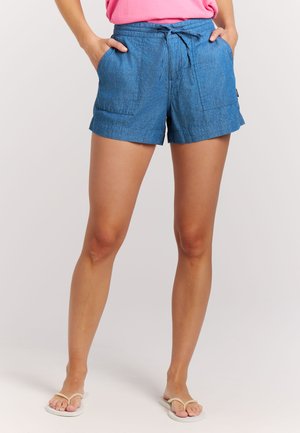 Spijkershorts in een mediumblauwe tint, met een trekkoord in de taille, twee voorzakken en een comfortabele pasvorm met omgeslagen zoom.