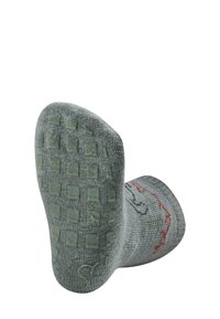 Gray sock featuring a textured rubber sole with square grip patterns. Design includes colorful embroidery on the upper side.