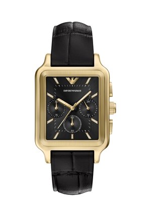 Gold rectangular watch with a black textured leather strap, black dial featuring three sub-dials, gold hour markers, and logo detail.