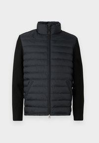 Black zip-up jacket with padded front and back, knitted sleeves, high collar, and side pockets.