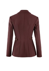 Blazer fitted color bordeaux con colletto a scollatura a V, cuciture sagomate, dettagli con doppio bottone e tessuto liscio e strutturato.