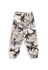 Camouflagebroeken in beige, grijs en zwart. Gemaakt van zachte stof met een elastische tailleband en boorden. Heeft een zak aan de achterkant.