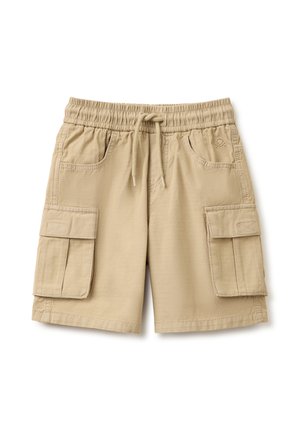 Beige cargoshorts met elastische tailleband, trekkoord, twee voorzakken en twee zijzakken met klep.