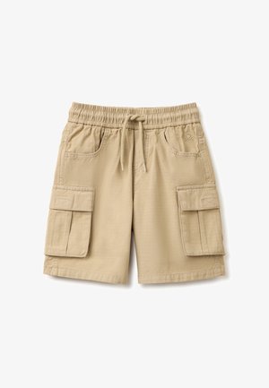 Beige cargoshorts met elastische tailleband, trekkoord, twee voorzakken en twee zijzakken met klep.