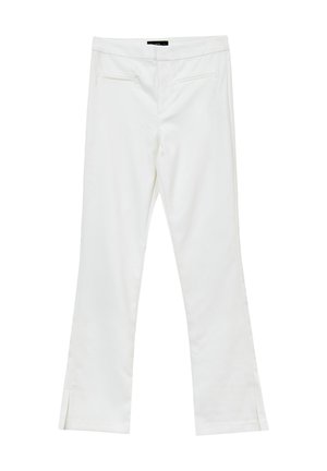 White straight-leg trousers with front slit hems and two front decorative welt pockets, laid flat on a white background.